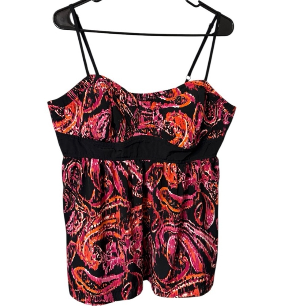 ELLE Women’s Y2K Spaghetti Strap Blouse Sz XL Pink/Black Print Babydoll Tank